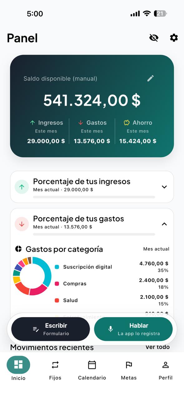 Pantalla principal de Smart Pig mostrando el panel de finanzas